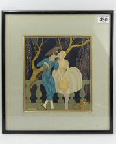 George Barbier framed and glazed hand tinted print, highlighted in gold from a series of Comedia