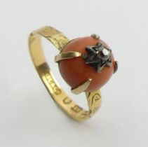 Victorian 18ct gold coral and diamond ring, Birm.1867, 2.9 grams, 8.9mm, size L1/2.