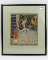 George Barbier framed and glazed hand tinted print, highlighted in gold from a series of Comedia
