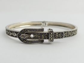 Sterling silver hinged belt and buckle design bangle set with marcasite, 24.5 grams, 11.2mm widest
