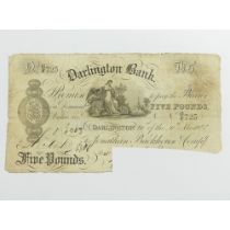 1885 Darlington Bank five pounds note. UK Postage £5.
