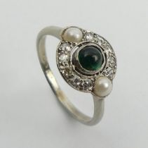 18ct gold and platinum emerald diamond and split pearl ring, 2.3 grams, 9.6mm, size L1/2.