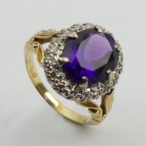 18ct gold amethyst and diamond ring, 7.6 grams, 16mm, size O1/2.