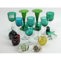 Victorian wine glasses, two green glass vases along with various paperweights including Mdina. UK