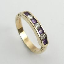 9ct gold channel set amethyst and diamond ring, 2.7 grams, 3.8mm, size M1/2.