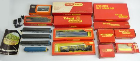 A box of Hornby and Triang '00' gauge locomotives and rolling stock, mostly boxed.