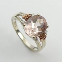 9ct gold pink quartz with red gold flowers and diamond ring, 2.7 grams, 9.9mm, size N.