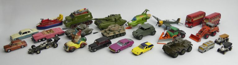 Various Dinky and Corgi diecast tanks, cars and other vehicles.