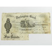 1889 Darlington Bank five pounds note. UK Postage £5.