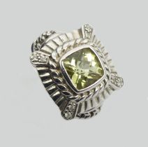 Sterling silver green citrine set ring, 11.8 grams, 17.5mm, size N1/2.