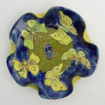 Della Robbia art pottery butterfly design dish, 14.5cm.