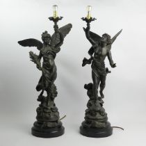 A large pair of figural French spelter table lamps, 68cm.