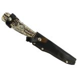 German Solingen game keepers fixed knife and sheath, handle with spike, saws and corkscrew,