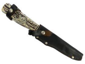 German Solingen game keepers fixed knife and sheath, handle with spike, saws and corkscrew,