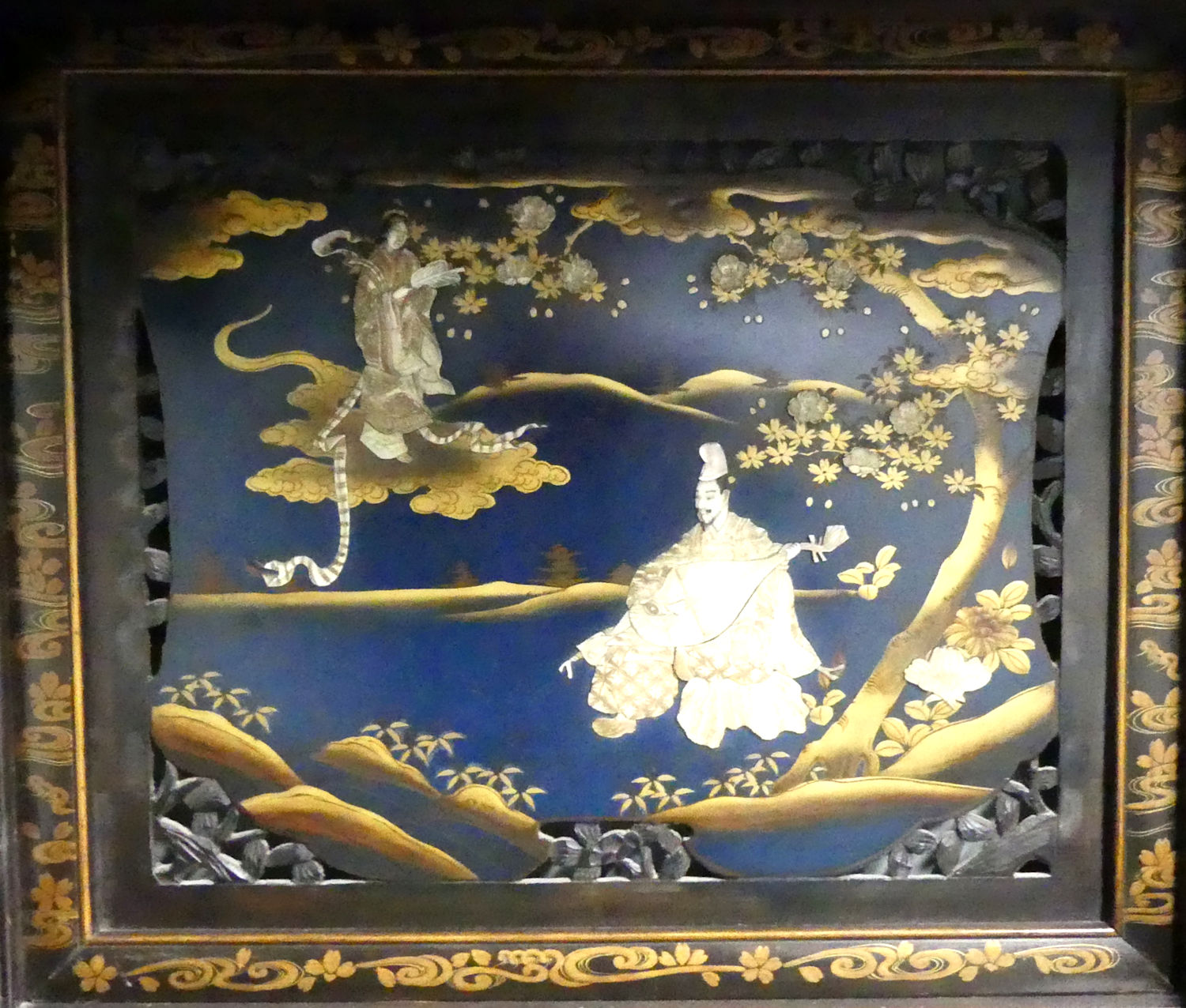 Late 19th century Japanese Meiji period Shibayama display cabinet, the blue lacquered panels - Image 12 of 21