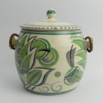 Poole Art Deco pottery biscuit barrel, 15cm, excluding handle.