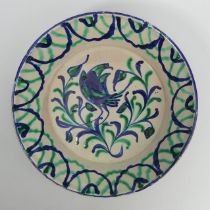 Spanish Fajalauza tin glazed bowl with a cockerel design, 34cm x 19cm.