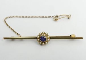 15ct gold sapphire and seed pearl brooch, 4 grams, 60 x 10mm.