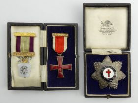 George V silver and enamel red cross, a silver and enamel Knights Templar masonic jewel and one