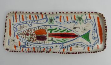 Hand painted oblong pottery dish, fish design, signed J.P. Viii 73, probably John Piper, 29cm x