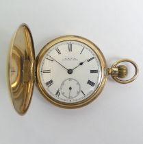 Waltham 14ct gold plated full hunter 7 jewel movement pocket watch, circa 1896. 52 x 37 mm.