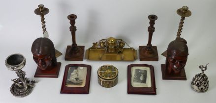 A box of treen and metal ware to include an Art Nouveau style ink stand, candlesticks, boxes and a
