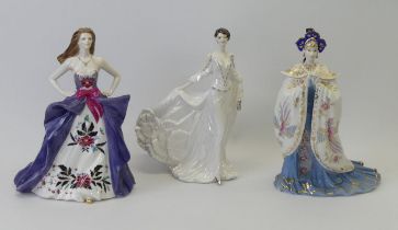 Coalport Princess Turandot, Royal Worcester Caroline and Dinner at Eight figurines. Highest 24 cm.