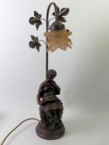 A bronzed figural table lamp and shade. 56cm.