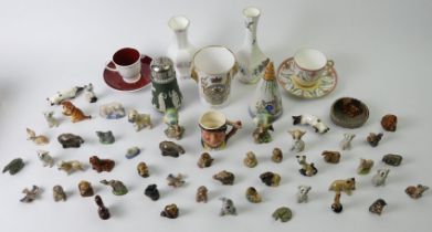 A box of Wade Whimsies, a Minton cabinet cup and saucer, Beswick blue tits and other ceramics.
