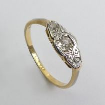 18ct gold and platinum three stone diamond ring, 1.7 grams, 5.4mm, size M.