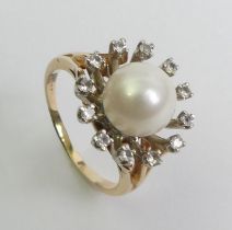 14ct gold, cultured pearl and diamond ring, 5.4 grams, 10.2mm, size L.