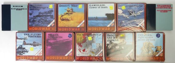 A box of eleven World War II cine 8mm colour sound films including Target Tokyo and At the
