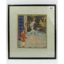 George Barbier framed and glazed hand tinted print, highlighted in gold from a series of Comedia