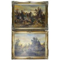 A large pair of gilt framed oil on canvas pictures depicting coaching scenes. 105 x 77cm. Collection