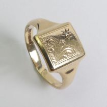 9ct gold diamond set signet ring, 5.4 grams, 13mm, size W1/2.