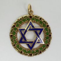 14ct gold, red, emerald and blue enamel Star of David pendant, 3.5 grams, 25.5mm in diameter.