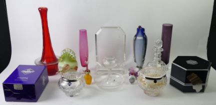 A quantity of glassware including a boxed Stuart crystal rose bowl, decanters, scent bottles and
