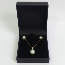 9ct gold opal and emerald pendant and earring set, 4 grams, pendant 20mm long.