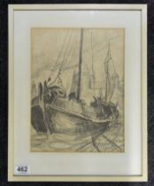 A framed and glazed charcoal drawing of a boatyard signed lower right. 47 x 37 cm.