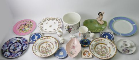 A box of Victorian and later ceramics to include a figural ashtray, Carlton Ware and Wedgwood.