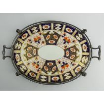 19th century Davenport Imari porcelain and silver plate tray, 45.5cm x 30cm.