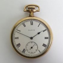 Elgin gold plated 7 jewel open face pocket watch, circa 1921. 50 x 65 mm. Condition report: In