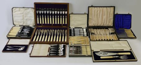 A canteen of silver plated fish knives and forks, cased fish servers, various other cased cutllery