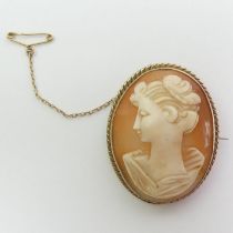 9ct gold framed shell cameo brooch, 9.6 grams, 39mm x 31mm.