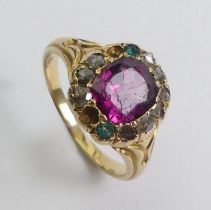 18ct gold (tested) garnet, diamond and emerald ring, 4.5 grams, 11.8mm, size K.