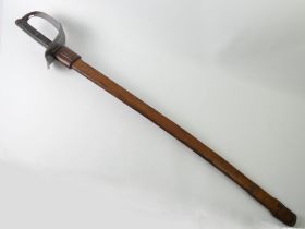 British 1814 pattern cavalry sabre complete with leather scabbard. Blade 84cm.