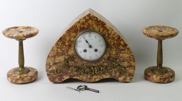 An Art Deco marble and bronze mounted clock garniture set. 26 cm high x 29 cm long. Collection only.