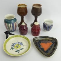 Rye goblets and vases, Isle of Wight pottery cruet, Leaper pottery dish and a Stavangerflint dish,