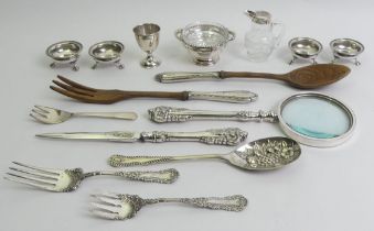 Four Victorian silver salts, silver plated magnifying glass and matching letter opener, a silver egg