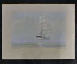 An un-framed watercolour of a clipper ship at sea "Sous Les Traipses" signed lower right. 48 x 63 cm